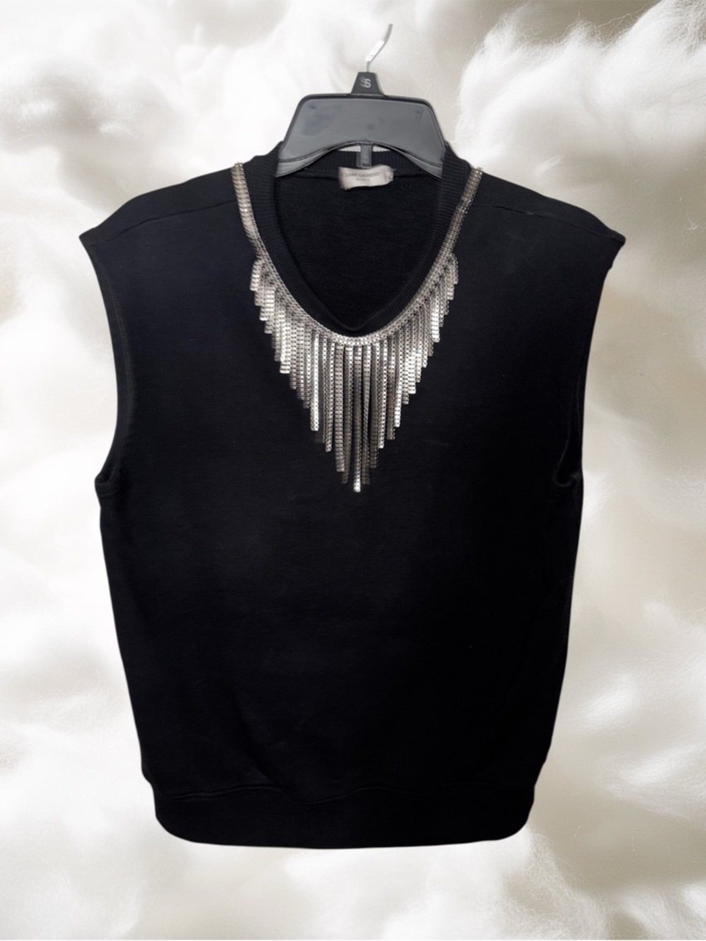 Saint Laurent Black Sleeveless Sweatshirt with Chain Fringe Detail - Picture 3 of 8